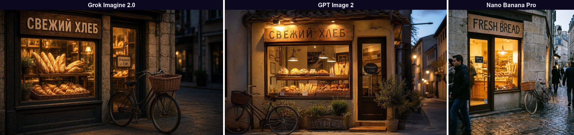 Сравнение нейросетей: вывеска на русском — Grok Imagine 2.0, GPT Image 2, Nano Banana Pro