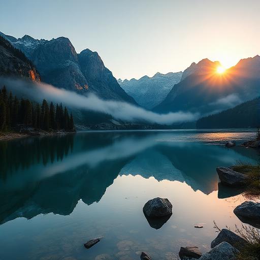 Горное озеро на рассвете, реалистичная фотография