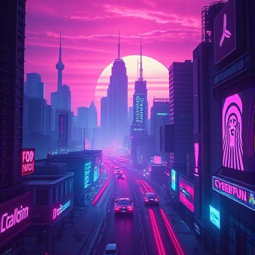 AI-изображение: футуристический киберпанк город с неоновыми огнями на закате