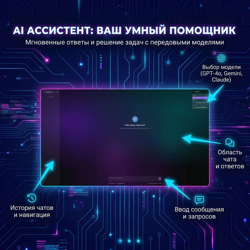 Интерфейс AI ассистента с выбором моделей GPT-4o, Gemini, Claude и историей чатов